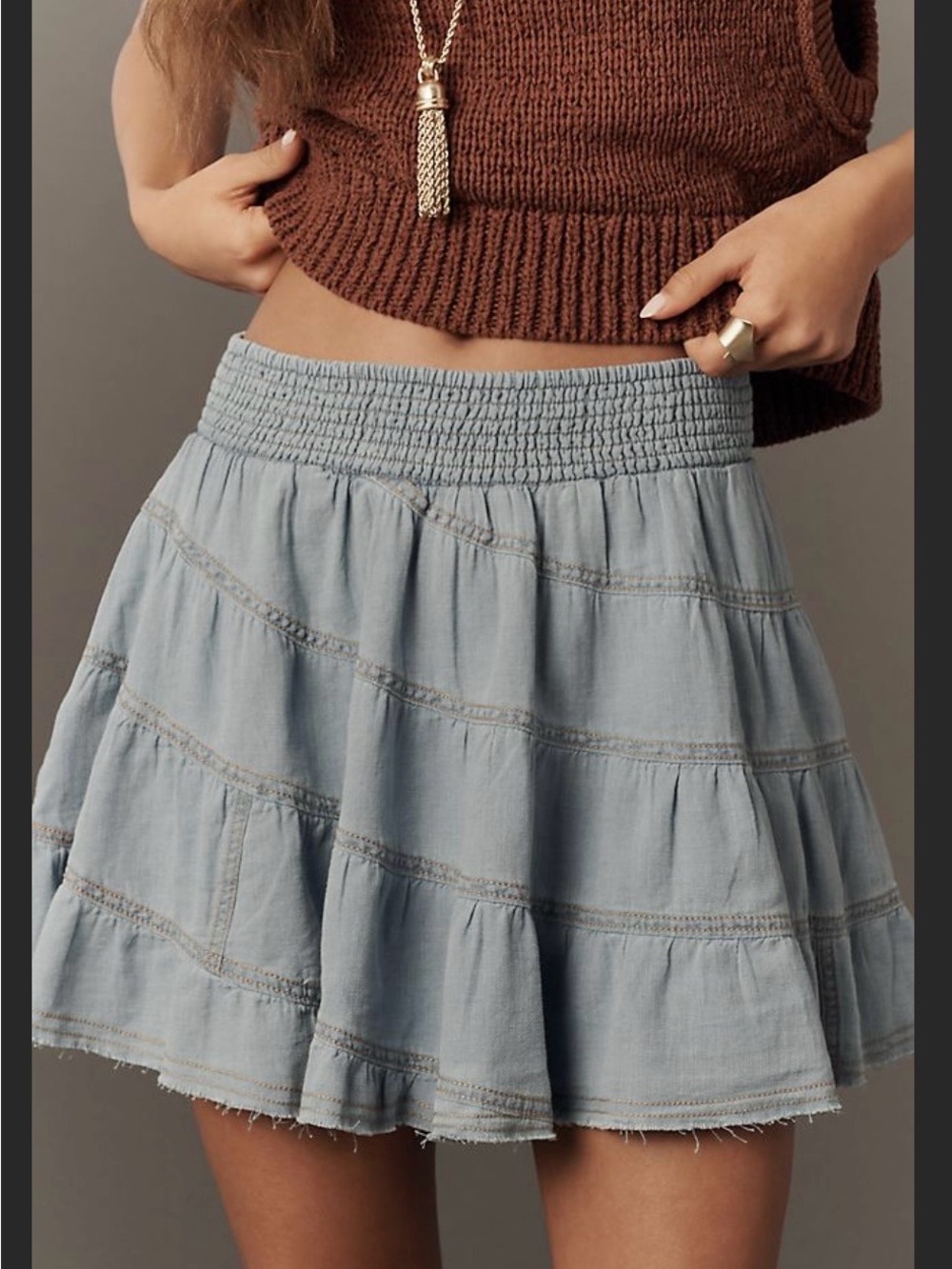 Anthropologie Pilcro Reese Smocked Light Blue Tiered Mini Skirt Size Medium NWT